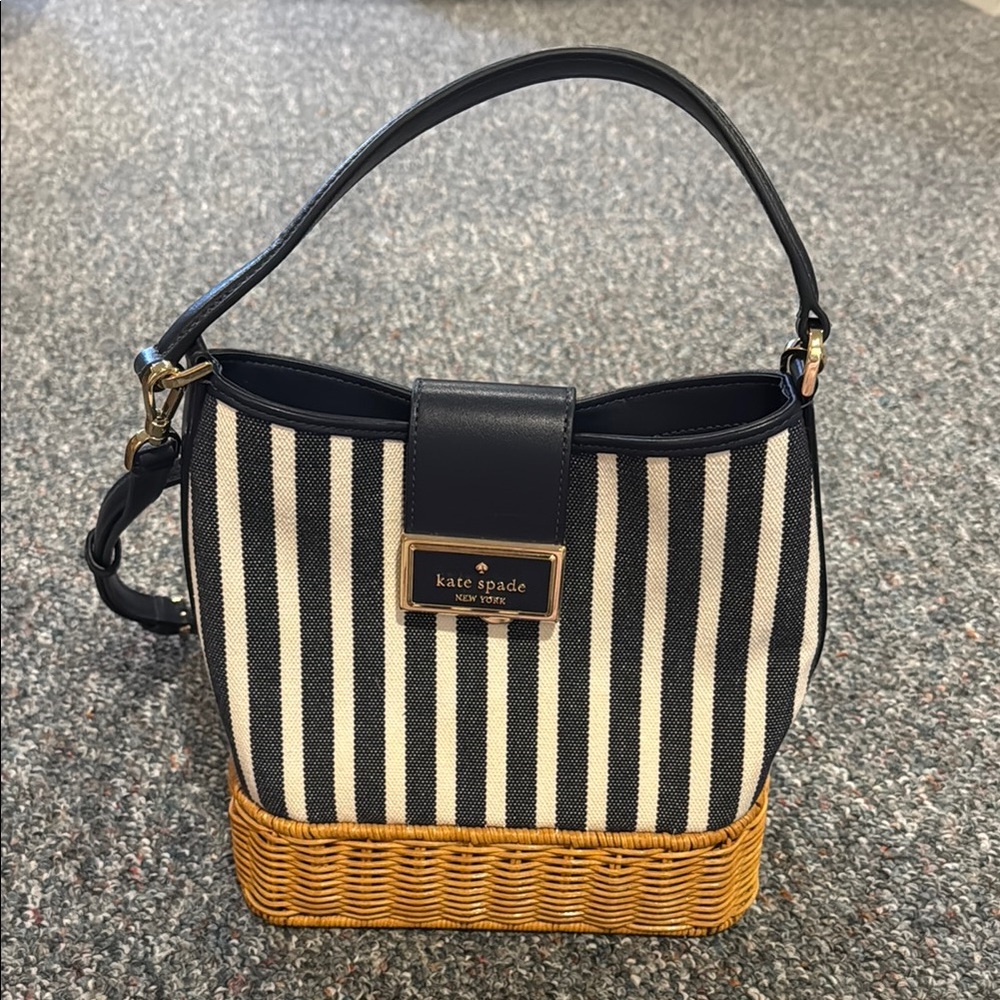 Kate Spade | Reegan Bucket Bag |  Navy Stripe with Woven Basket Base | Excellent
